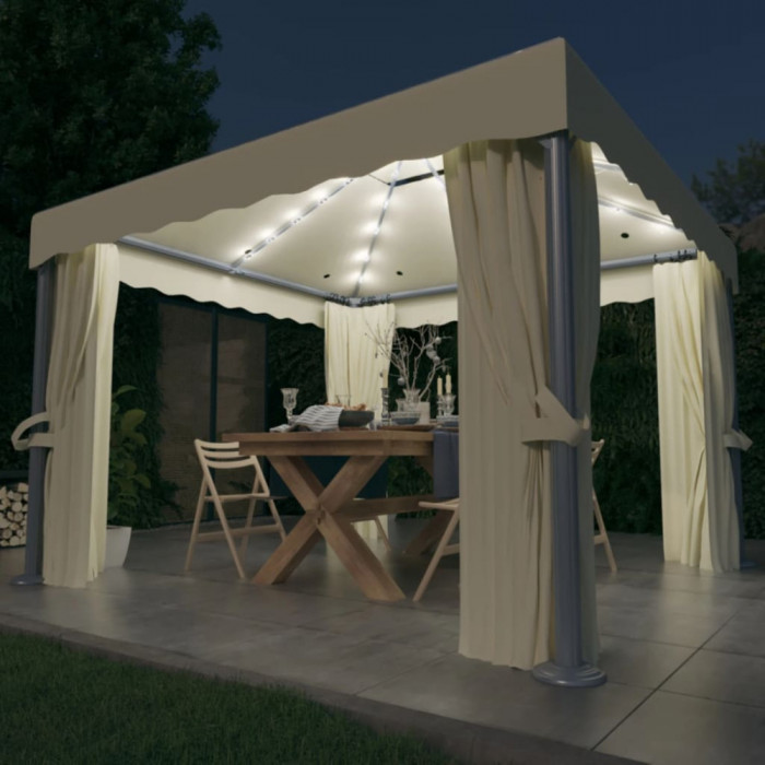 Pavilion cu perdele siruri lumini LED, alb crem, 3x3 m