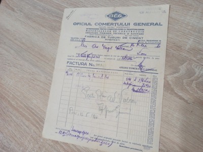 FACTURA OFICIUL COMERTULUI GENERAL , FABRICA DE TUBURI DE CIMENT BUCURESTI, 1946 foto