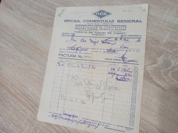 FACTURA OFICIUL COMERTULUI GENERAL , FABRICA DE TUBURI DE CIMENT BUCURESTI, 1946