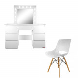 Masa de toaleta/machiaj + scaun Lars, alba, cu oglinda si LED-uri, Vanessa, 130x43x143 cm