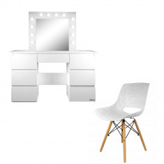 Masa de toaleta/machiaj + scaun Lars, alba, cu oglinda si LED-uri, Vanessa, 130x43x143 cm