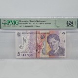 Bancnota 5 Lei 2011 UNC, Gradata PMG 68 EPQ, Colectie Numismatica