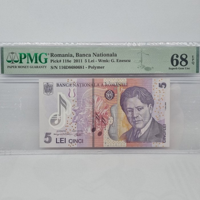 BANCNOTA UNC 5 LEI 2011 GRADATA PMG 68 EPQ