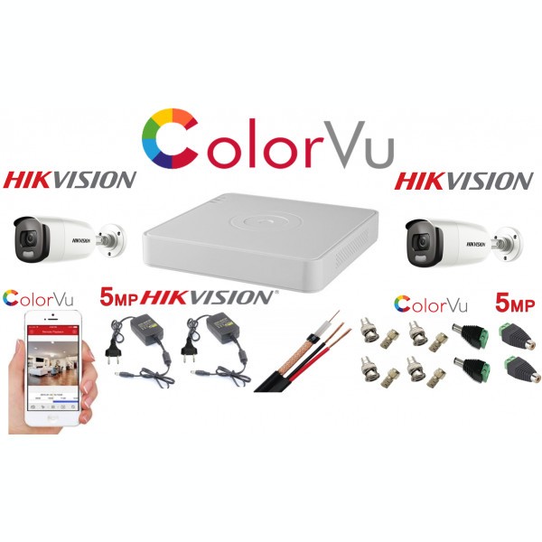 Sistem supraveghere profesional Hikvision Color Vu 2 camere 5MP IR40m DVR 4 canale full accesorii SafetyGuard Surveillance
