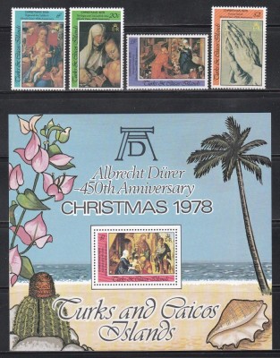Turks şi Caicos 1978 - Crăciun - Picturi de D&amp;uuml;rer, Serie + Colita, MNH foto