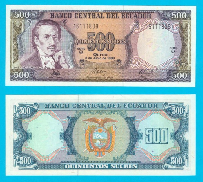 Ecuador (p#124A) 500 Sucres 1988 UNC &#039;Eugenio de Santa Cruz&#039; serie: GX 16111809