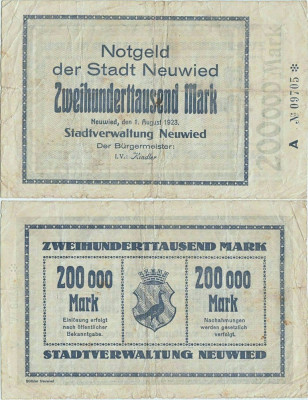 1923 ( 1 VIII ) , 200,000 mark - Neuwied ( Germania ) foto