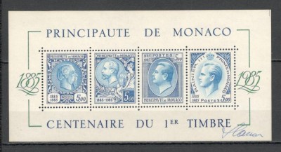 Monaco.1985 100 ani marca postala-Bl. cu SEMNATURA MACHETATORULUI SM.657 foto