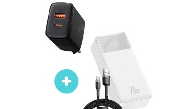 Powerbank Baseus Bipow 30000mAh 20W + &amp;icirc;ncărcător rapid compact Baseus, USB/USB-C, 20 W + Baseus USB C Cafule Cablu date și &amp;icirc;ncărcare 3A pachet 1m foto