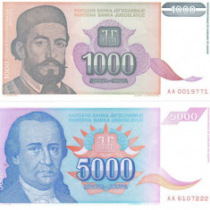 Bancnota Iugoslavia 1.000 si 5.000 Dinari 1994 - P140/141 UNC ( set x2 )