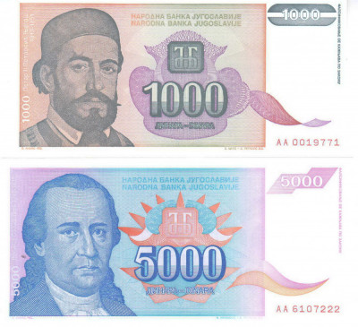 Bancnota Iugoslavia 1.000 si 5.000 Dinari 1994 - P140/141 UNC ( set x2 ) foto