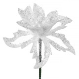 Crenguță Decorativă Crăciun, Flori cu Glitter, Alb, 16cm, Oem