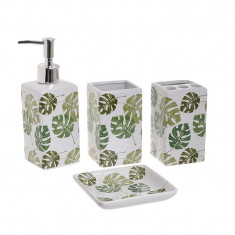 Set accesorii baie din ceramic, 4 piese, set ingrijire personala, model Alb Verde, cu imprimeu Frunze Palmier foto