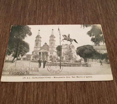 Carte Poștală Veche &amp;ndash; Monumentul General San Mart&amp;iacute;n și Biserica, Gualeguaych&amp;uacute;, Argentina, Ștampilă Rară! posibil perioada 1912 foto