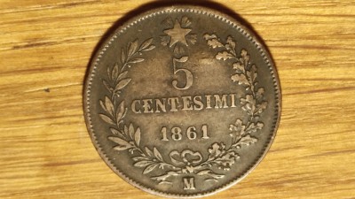 Italia -moneda colectie bronz- 5 centesimi 1861 M (Milan) - Vittorio Emanuele II foto
