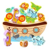 Arca lui Noe din lemn, jucarie educativa, joc de echilibru cu animale, Montessori, multicolor, 3+ ani