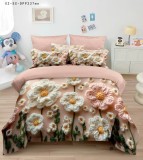 Cumpara ieftin Lenjerie de pat 5D,pat dublu,bumbac finet,6 piese, imprimeu flori tricotate roz-bej-A1274