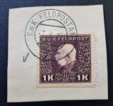 Imperiul Austro-Ungar (Feldpost WWI) 1915-Marcă Poștală Militară de Război (K.u.K. Feldpost) Franz Joseph I 1 Krona Violet-&Icirc;nchis pe Decupaj -TG1