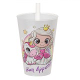 Pahar Copii cu Pai Unicorn, 400ml, Plastic, Alb - Ideal Fetite 1-3 Ani