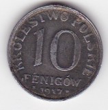 Monedă Regatul Poloniei 10 fenig&oacute;w 1917, vultur &icirc;ncoronat