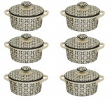 Set format din 6 boluri de servit din ceramica cu manere si capac pentru supa, alb cu negru, 600 ml, Oem
