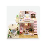 Casa de papusi conceputa pentru auto-asamblare din lemn cu doua etaje, mobilier inclus, cu lumini LED 12.5 cm x 19.5 cm x 15 cm