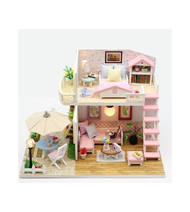 Casa de papusi conceputa pentru auto-asamblare din lemn cu doua etaje, mobilier inclus, cu lumini LED 12.5 cm x 19.5 cm x 15 cm