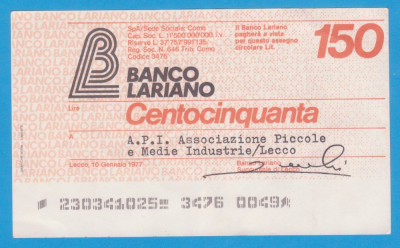 (1) CEC BANCAR ITALIAN - BANCO LARIANO, 150 LIRE, LECCO 1977 foto