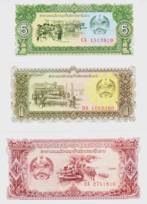 Bancnota Laos 5, 10 si 20 Kip (1979) - P26-28 UNC ( set x3 ) foto