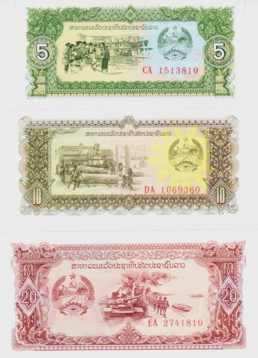 Bancnota Laos 5, 10 si 20 Kip (1979) - P26-28 UNC ( set x3 )