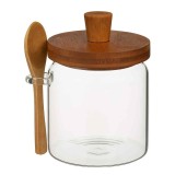 Recipient din sticla borosilicata Pufo pentru depozitare condimente, zahar, cafea, cu capac din lemn si lingura, 500 ml