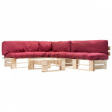 Set mobilier de gradina paleti cu perne rosii, 4 piese, lemn