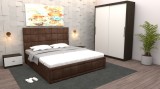 Dormitor Regal cu Pat Tapitat Maro Stofa cu dulap usi glisante Wenge fara oglinda si fara comoda Tv