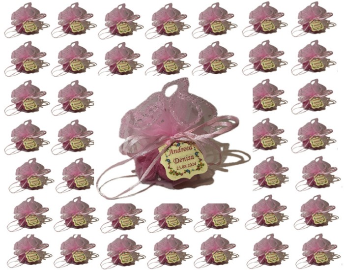 Set marturii botez fetita - 50 tulle organza roz cu snur