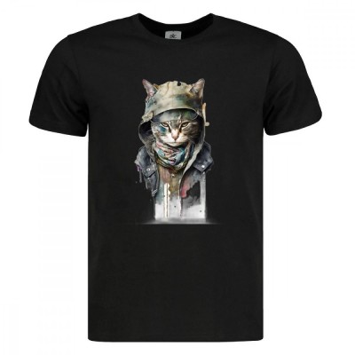 Tricou imprimat negru, motan, bumbac 100% foto