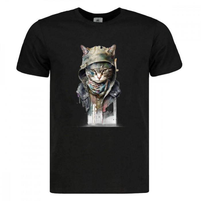 Tricou imprimat negru, motan, bumbac 100%