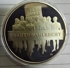 (A77) MONEDA DIN ARGINT GERMANIA - 20 EURO 2019, LIT. D, 100 ANI DREPT DE VOT PENTRU FEMEI, STARE PROOF