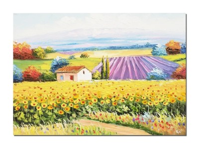 Tablou 70x50cm peisaj cu floarea soarelui si lavanda pictat manual, Colt de rai, ulei pe panza in cutit efect 3D foto