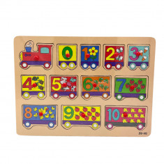 Puzzle educativ incastru Montessori cu tren si cifre, Onore, multicolor, lemn, 30 x 22.5 cm, 12 pies
