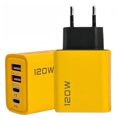 Adaptor pentru incarcator, 120W, 4 porturi, 2 USB + 2 tip C, incarcare rapida, USB pentru telefon mobil, galben/negru