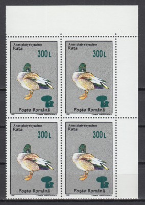 ROMANIA 2001 LP 1565 PASARI 95 SUPRATIPAR CIUPERCI BLOC DE 4 TIMBRE MNH foto