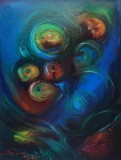 Pictură originală ulei pe p&acirc;nză &bdquo;Sfere colorate &icirc;n v&acirc;rtej albastru, pictură abstractă &icirc;n ulei pe p&acirc;nză&rdquo;, pe șasiu. Certificat semnat de artist