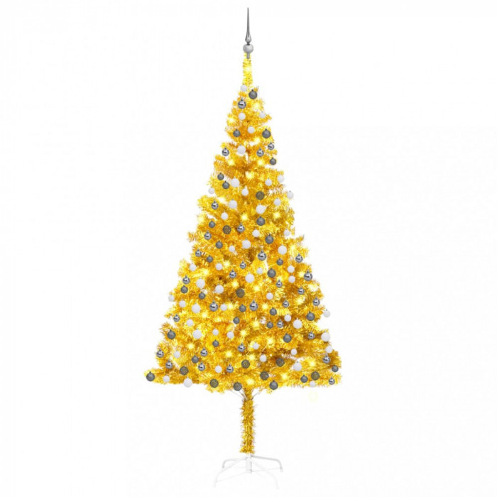 Brad de Crăciun artificial cu LED&amp;globuri, auriu, 240 cm, PET