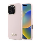 Husa pentru iPhone 16 Pro - Guess Silicone Script Metal Logo &amp; Frame (GUHCP16LSMBSLP) - Pink