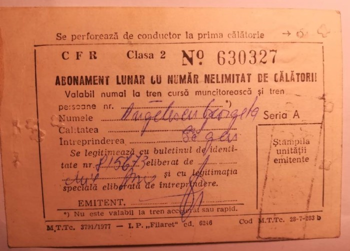 Abonament lunar CFR cu număr nelimitat de călătorii, 1982