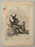 Salvator Rosa &quot;Doi soldati asezati&quot; gravura veche sec 17-18