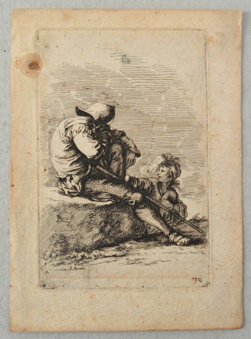 Salvator Rosa &quot;Doi soldati asezati&quot; gravura veche sec 17-18
