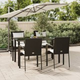 Set mobilier gradina vidaXL, 5 piese, poliratan negru, cu perne albe, masa sticla securizata, scaune cu perne incluse