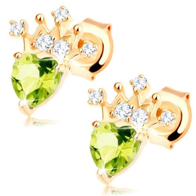 Cercei din aur 585 - olivină verde sub formă de inimă, coroană strălucitoare foto