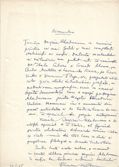 A3519N Veronica Porumbacu (Veronica Schwefelberg), act scris și semnat olograf, 1965